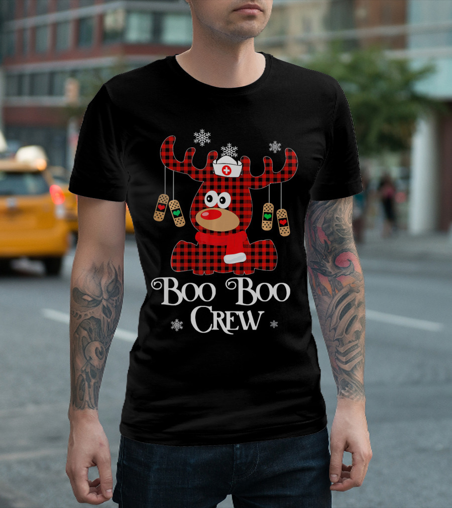 Boo Boo Crew Reindeer Nurse Plaid Bandage Snowflakes T-Shirt