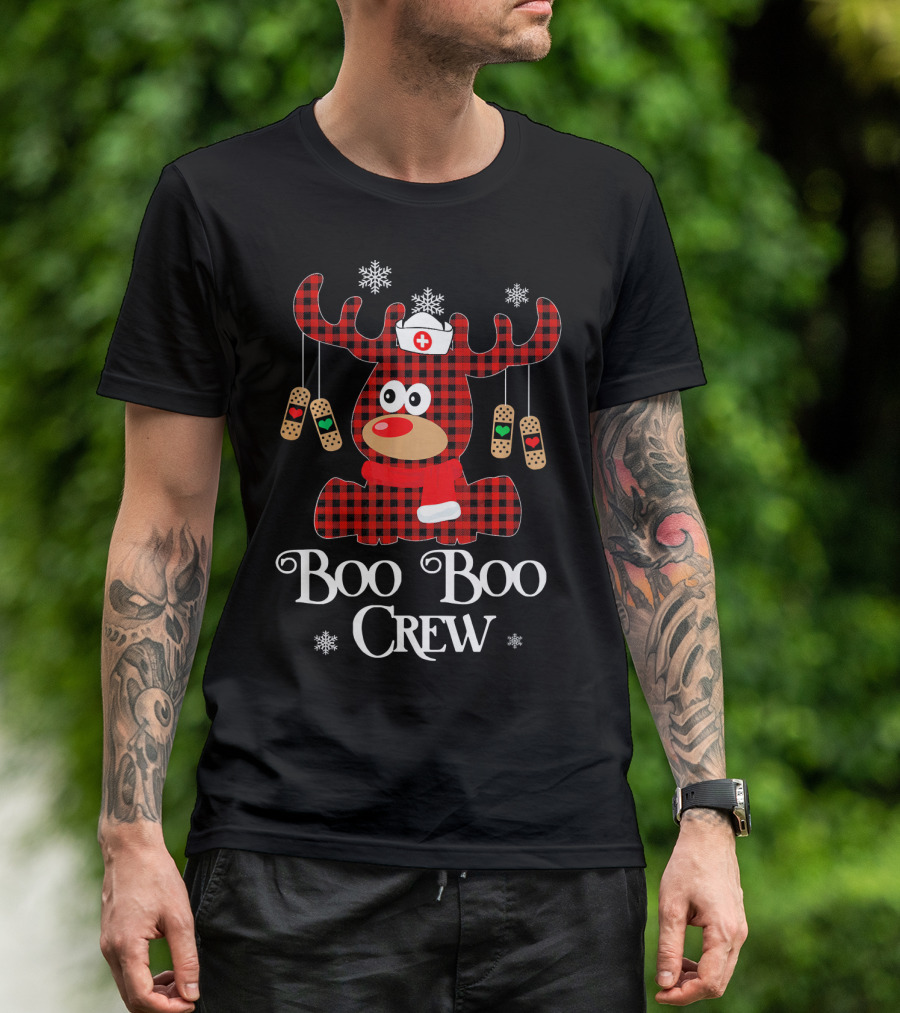 Boo Boo Crew Reindeer Nurse Plaid Bandage Snowflakes T-Shirt