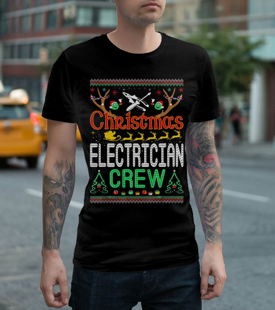Christmas Electrician Crew Reindeer Sleigh Lights Trees T-Shirt