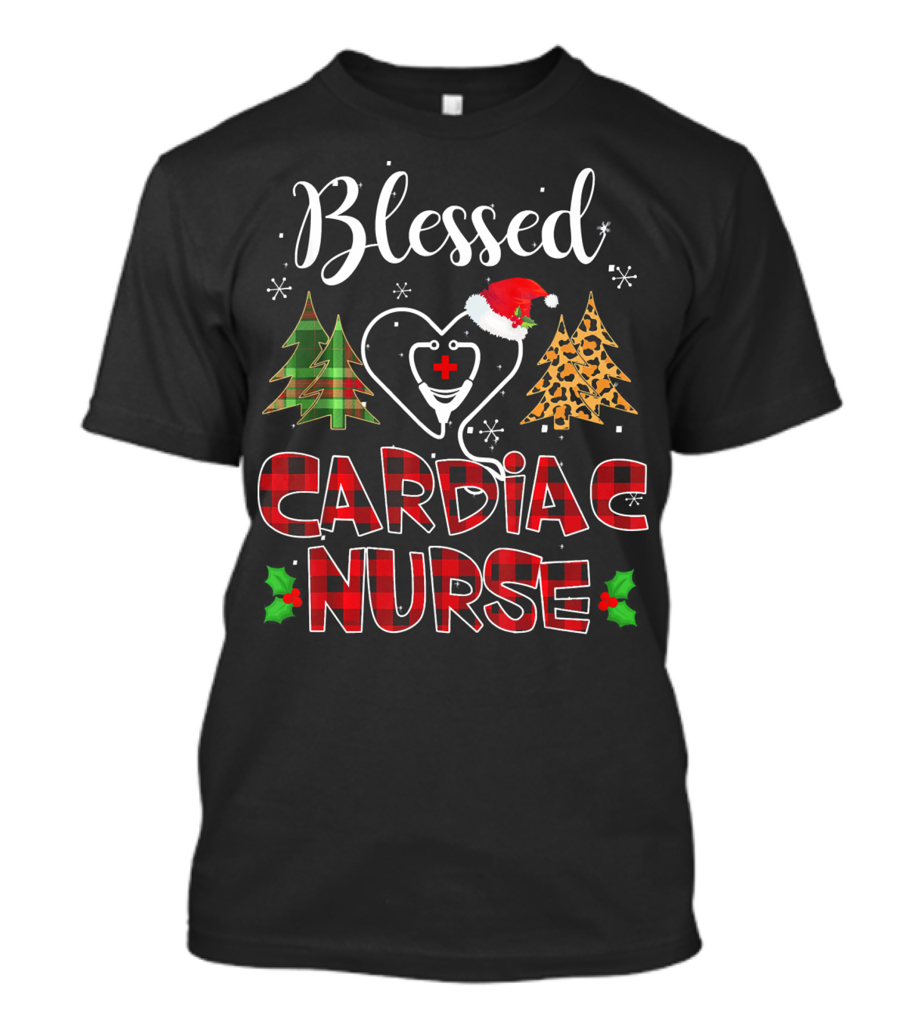 Blessed Cardiac Nurse Buffalo Plaid Christmas Trees Santa Hat T-Shirt