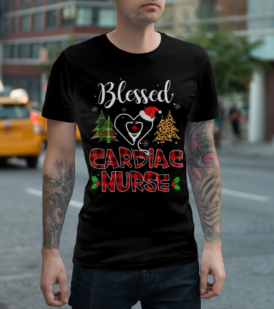 Blessed Cardiac Nurse Buffalo Plaid Christmas Trees Santa Hat T-Shirt