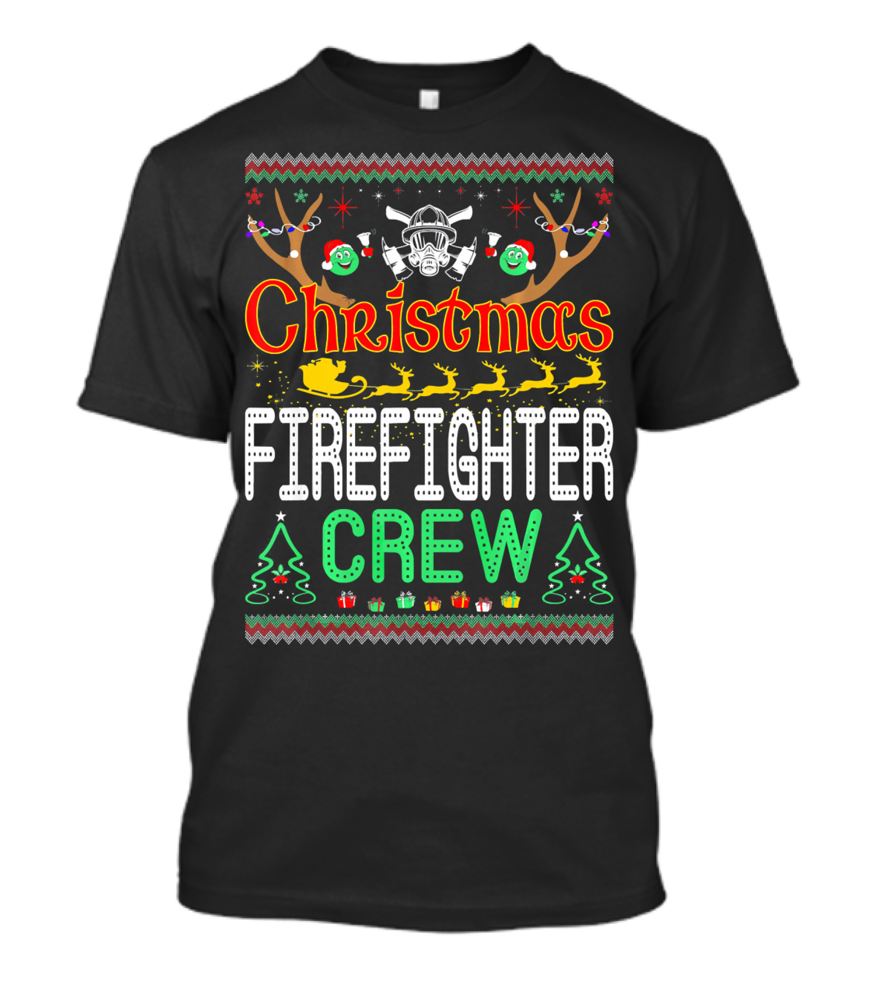 Christmas Firefighter Crew Santa Reindeer Mask Trees T-Shirt