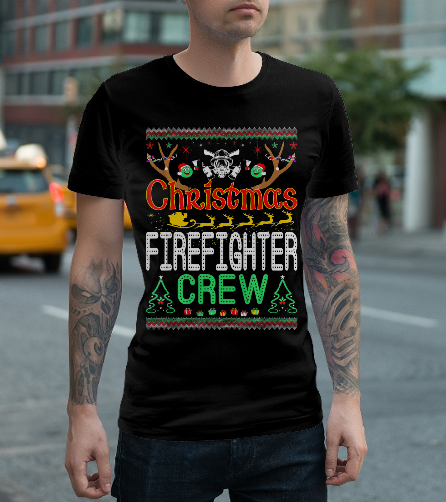 Christmas Firefighter Crew Santa Reindeer Mask Trees T-Shirt