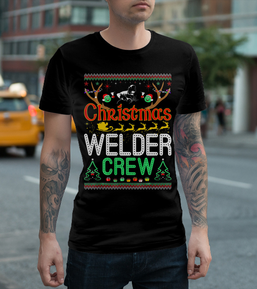 Christmas Welder Crew Reindeer Sleigh Festive Holiday Lights T-Shirt
