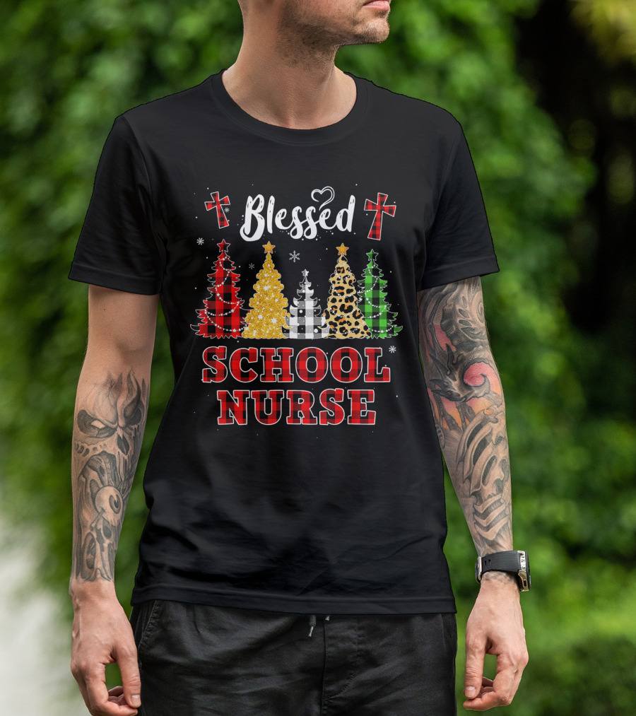 Blessed School Nurse Christmas Plaid Leopard Buffalo Check Trees T-Shirt