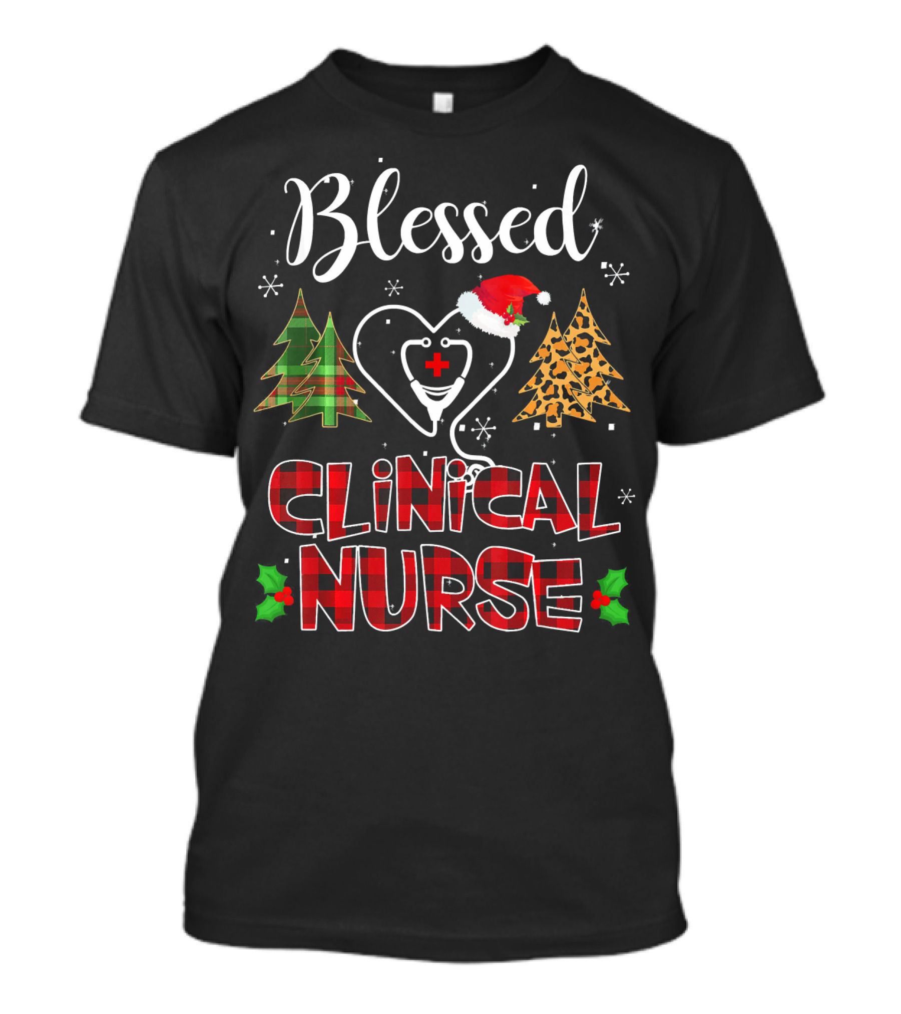 Blessed Clinical Nurse Buffalo Plaid Christmas Red Hat Trees Snowflakes T-Shirt