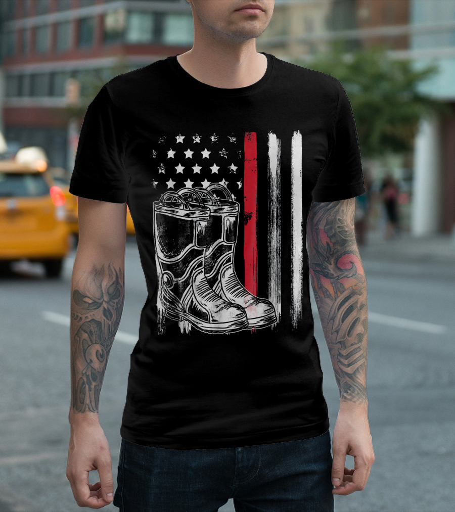 American Flag Thin Red Line Firefighter Boots Stars Stripes T-Shirt