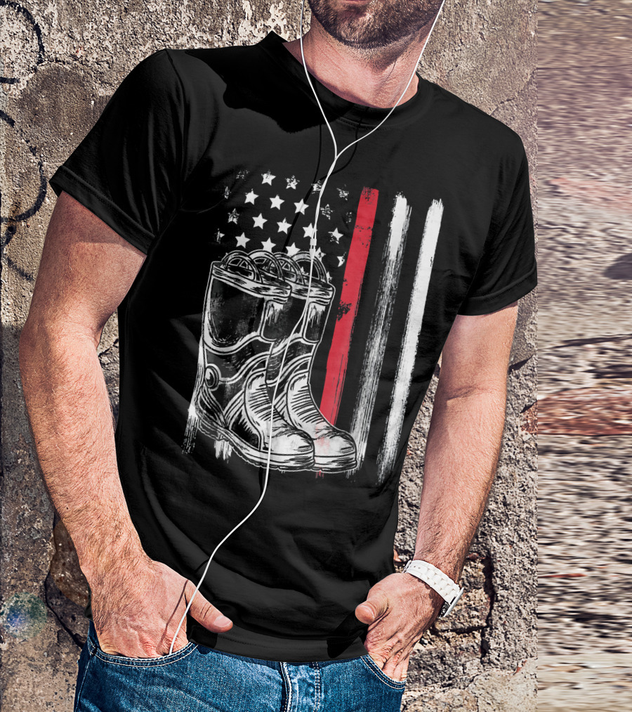 American Flag Thin Red Line Firefighter Boots Stars Stripes T-Shirt
