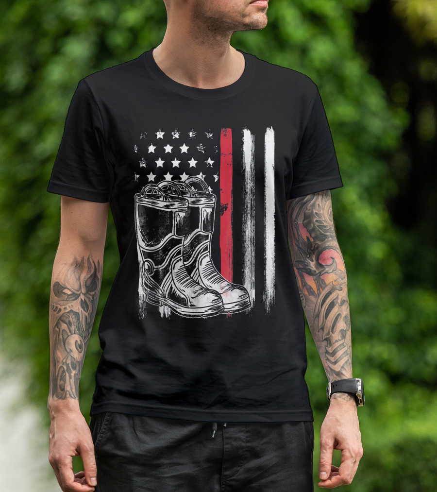American Flag Thin Red Line Firefighter Boots Stars Stripes T-Shirt
