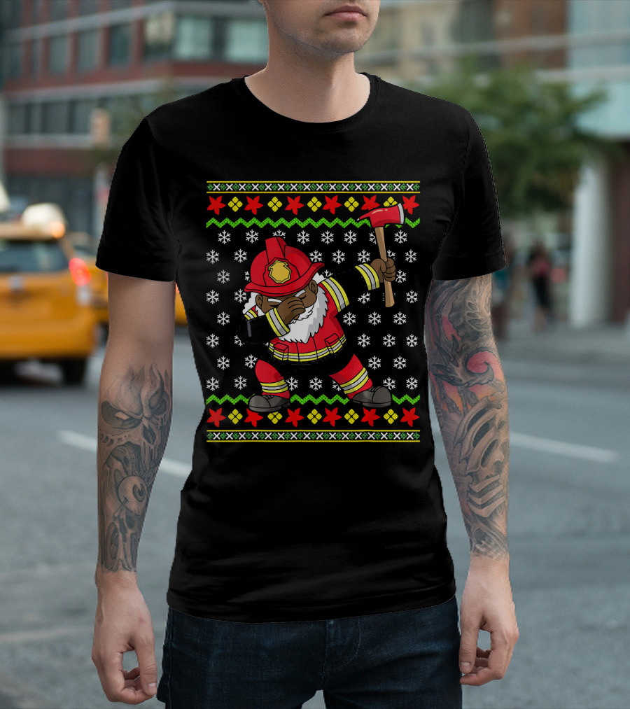 Black Firefighter African American Dabbi Christmas T-Shirt