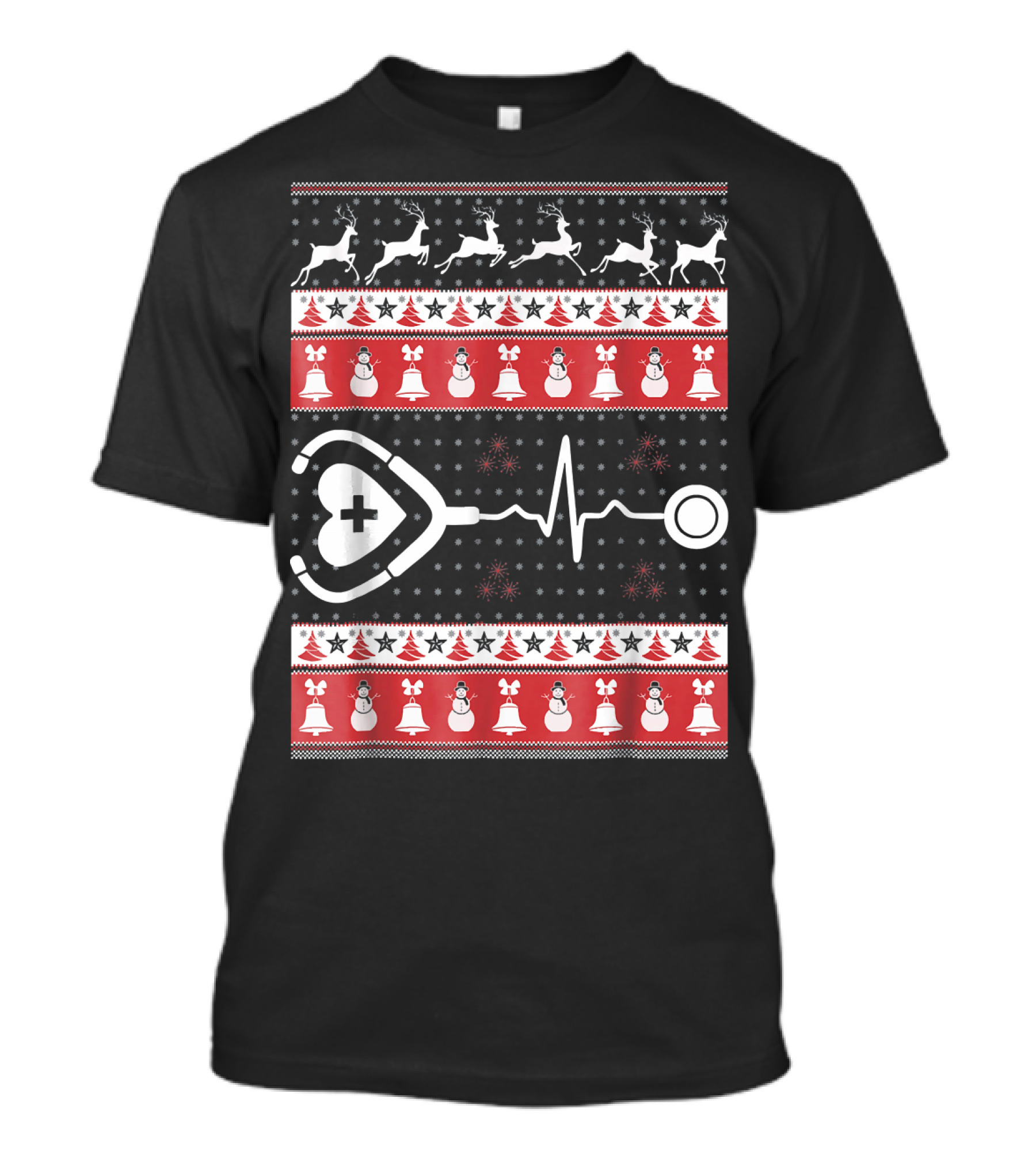 Christmas Nurse Stethoscope Heartbeat Reindeer Snowman T-Shirt