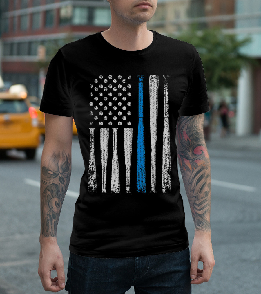 American Flag Thin Blue Line Baseball Bats T-Shirt