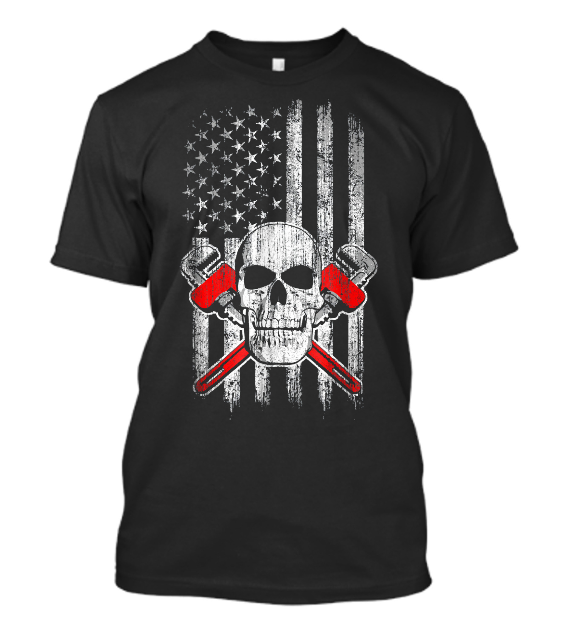Patriotic Plumber Skull With American Flag And Crossed Wrenches T-Shirt