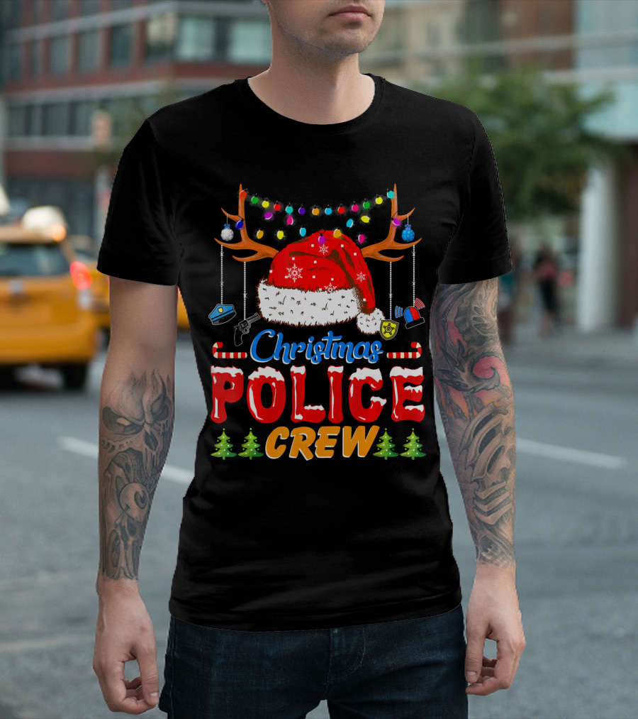 Christmas Police Crew Santa Reindeer Lights Gun Badge T-Shirt