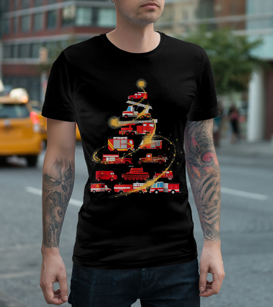 Christmas Firefighter Fire Truck Tree with Ladder and Lights T-Shirt