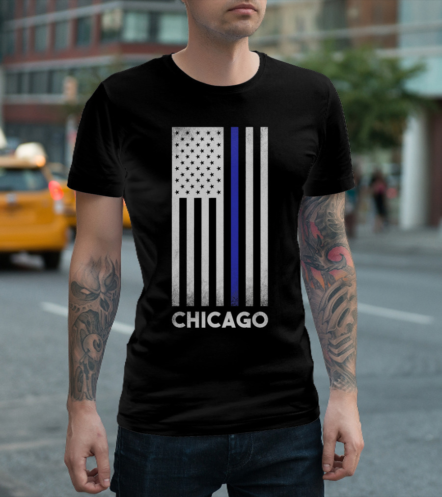Chicago Thin Blue Line Flag Stars Stripes Police Dept T-Shirt