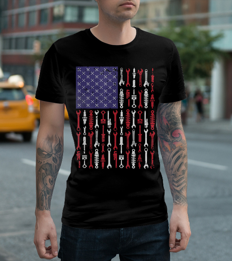 USA Flag Made of Car Mechanic Tools Wrenches and Pliers T-Shirt