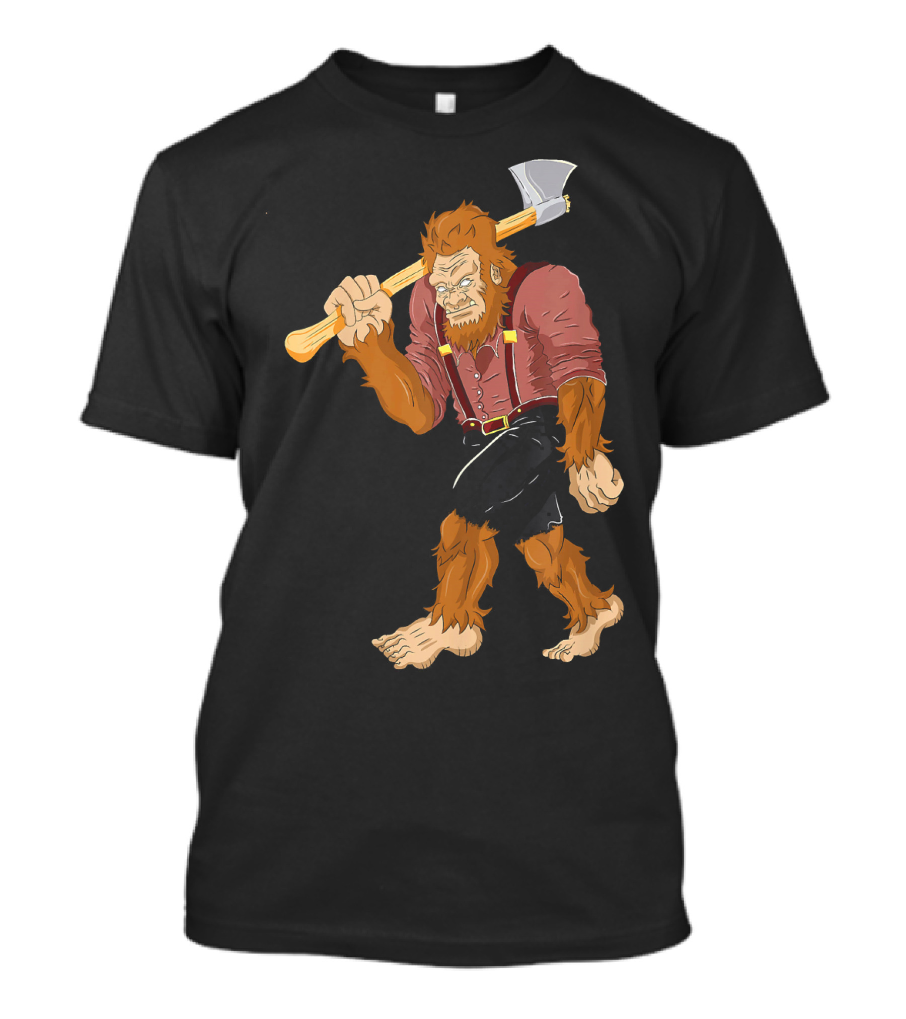Bigfoot Lumberjack Sasquatch Carpenter Axe Red Suspenders T-Shirt