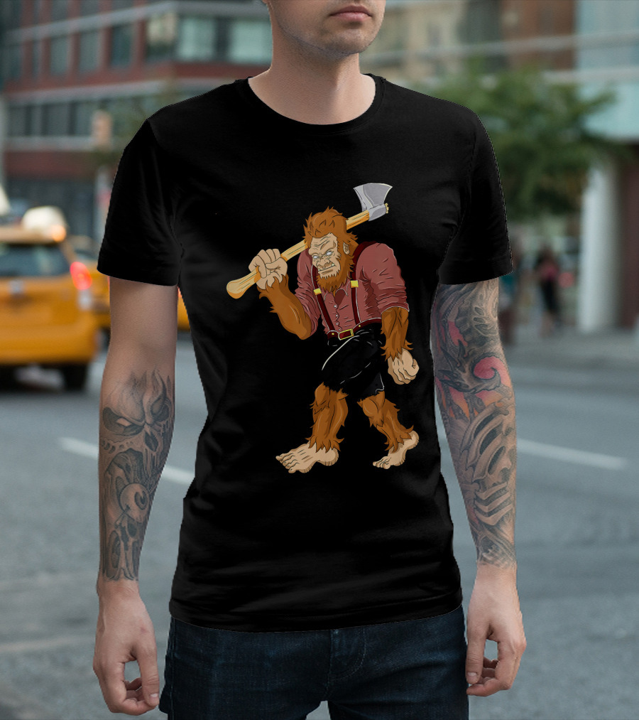 Bigfoot Lumberjack Sasquatch Carpenter Axe Red Suspenders T-Shirt