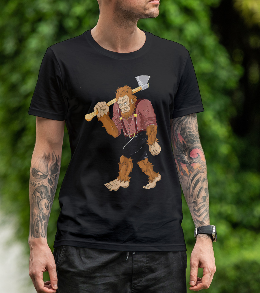 Bigfoot Lumberjack Sasquatch Carpenter Axe Red Suspenders T-Shirt