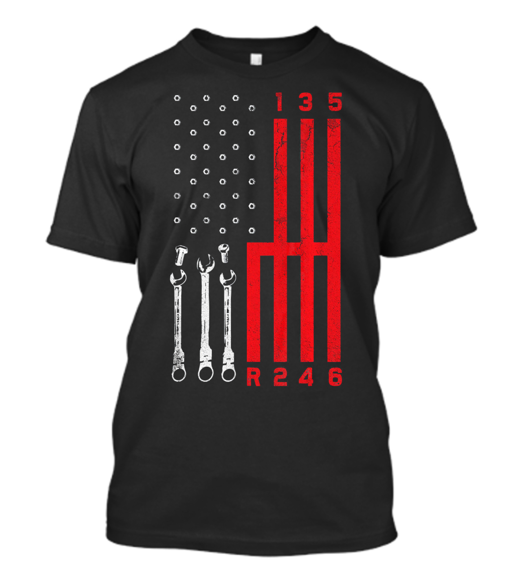 Car Mechanic Wrench Gear Shift American Flag 135 R246 T-Shirt