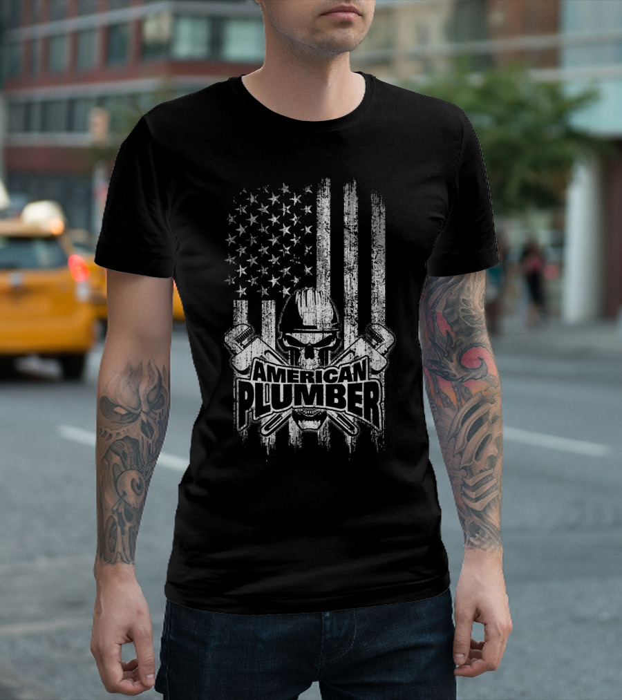 American Plumber Skull Wrench USA Flag T-Shirt