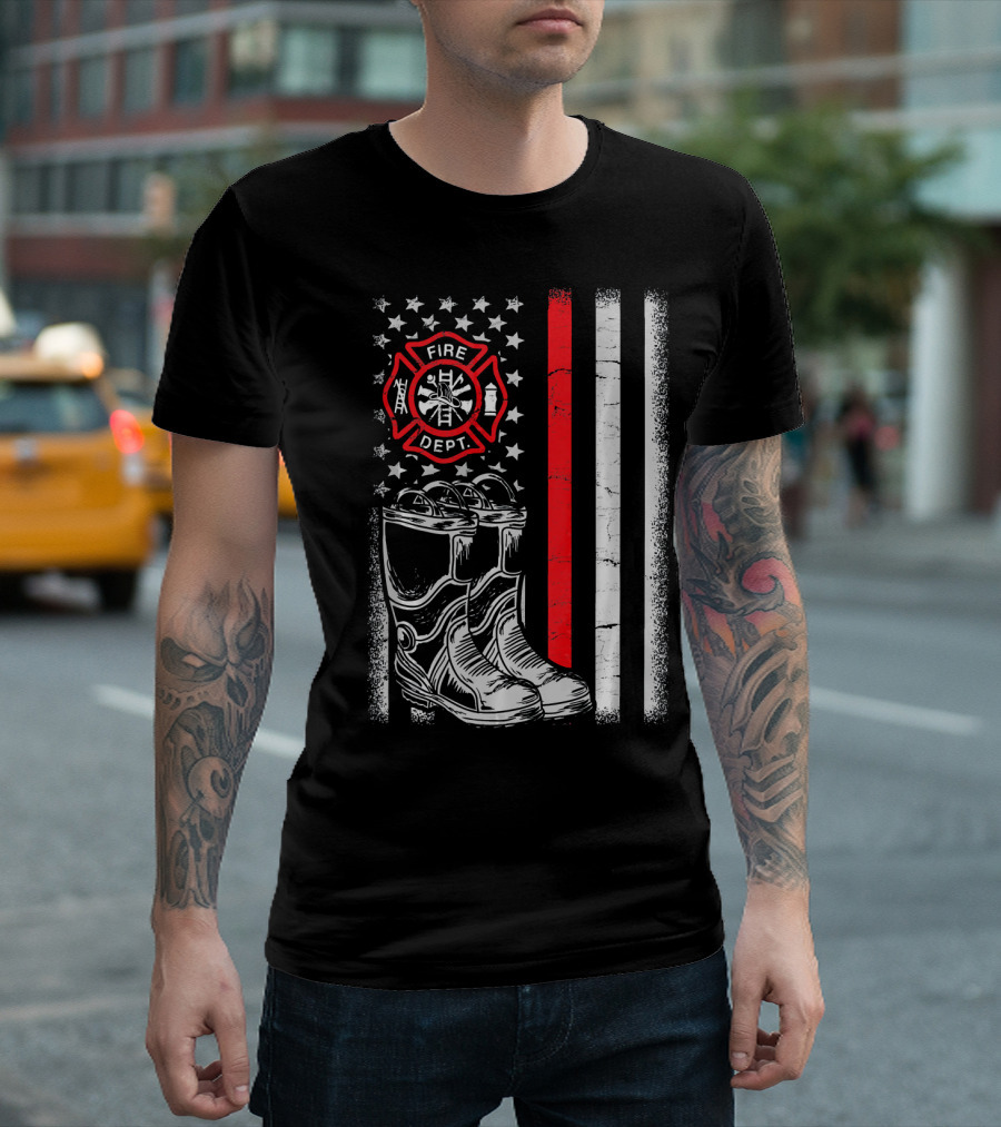 Firefighter Boots with American Flag and Fire Dept Emblem USA Thin Line T-Shirt