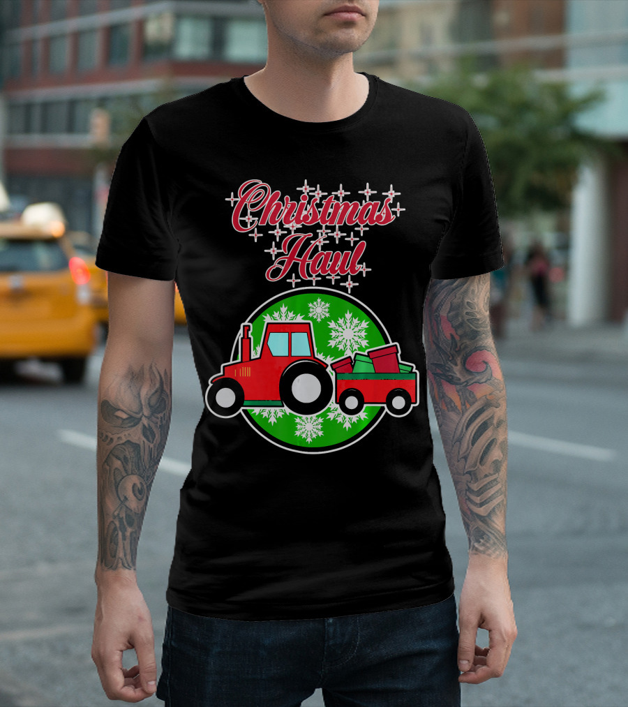 Christmas Haul Tractor with Gift Cart and Snowflakes T-Shirt