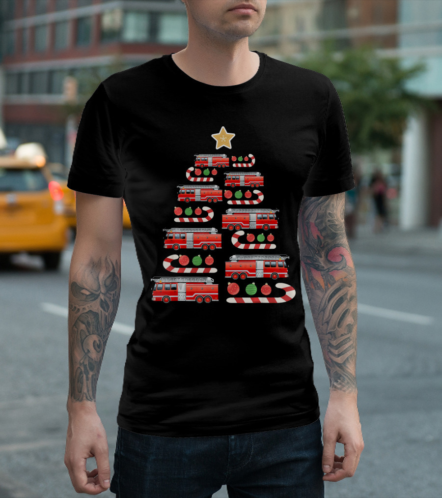 Christmas Firetruck Fireman Candy Cane Tree Star T-Shirt