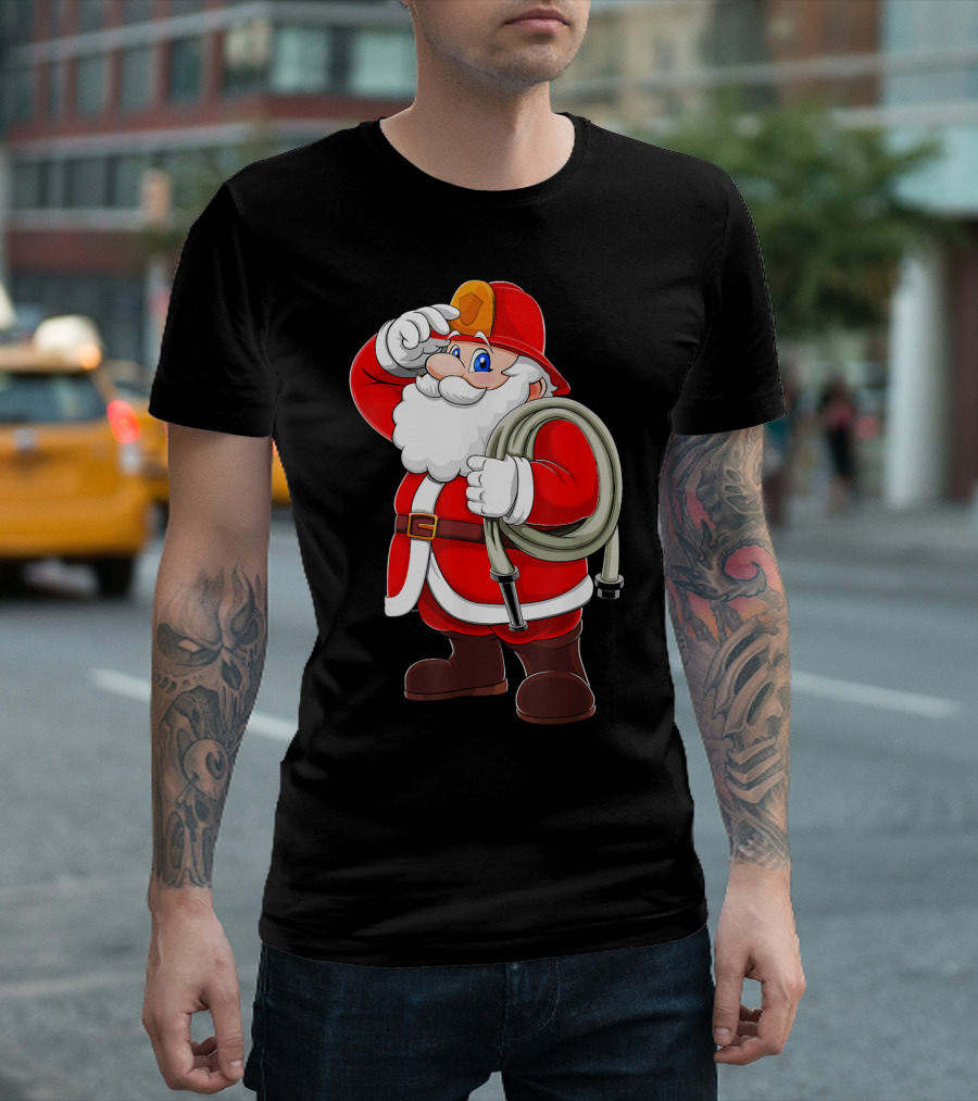 Christmas Firefighter Santa With Fire Hose T-Shirt