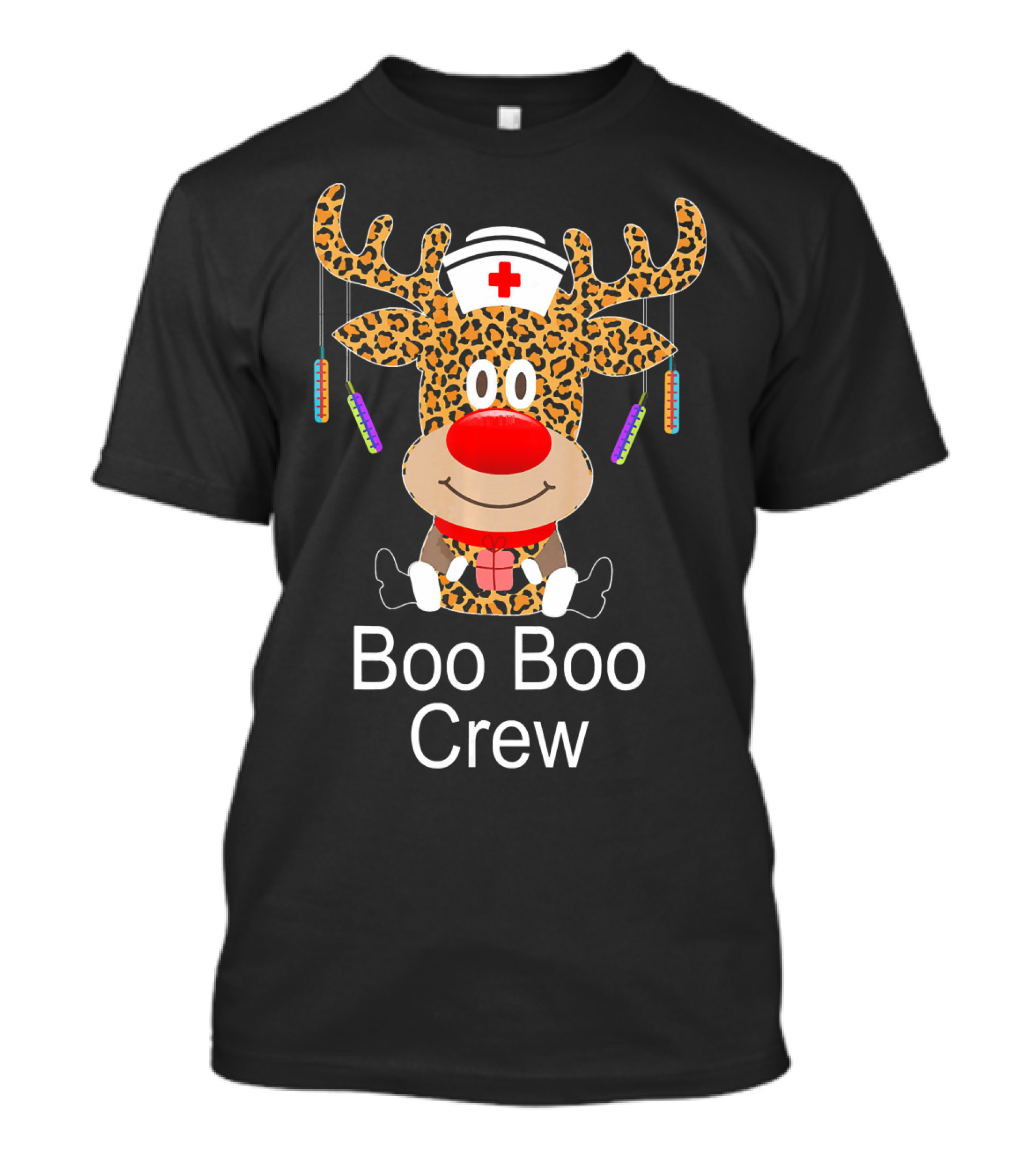 Boo Boo Crew Nurse Reindeer Leopard Print With Christmas Lights T-Shirt