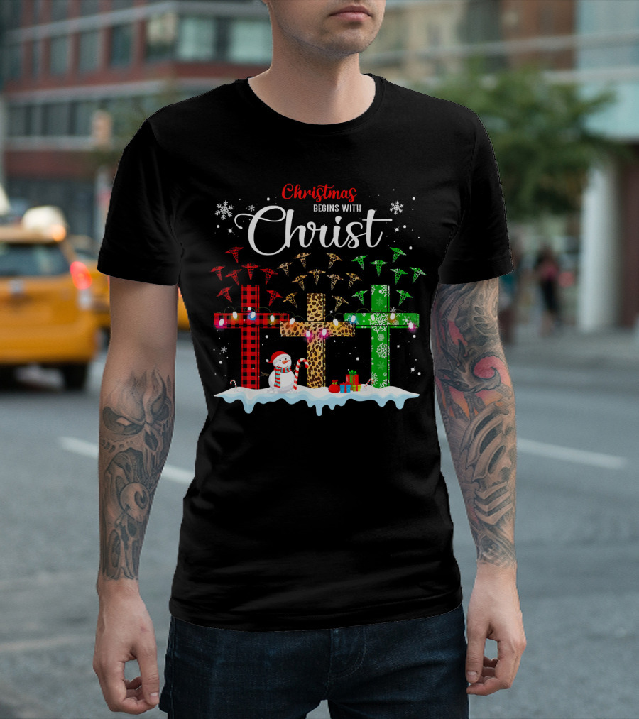 Christmas Begins With Christ Plaid Leopard Nurse Life Snowman Lights T-Shirt