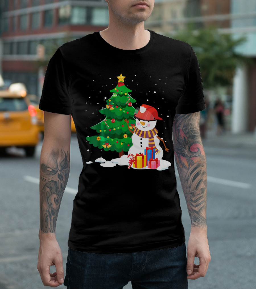 Christmas Snowman with Firefighter Hat by Christmas Tree with Gifts T-Shirt