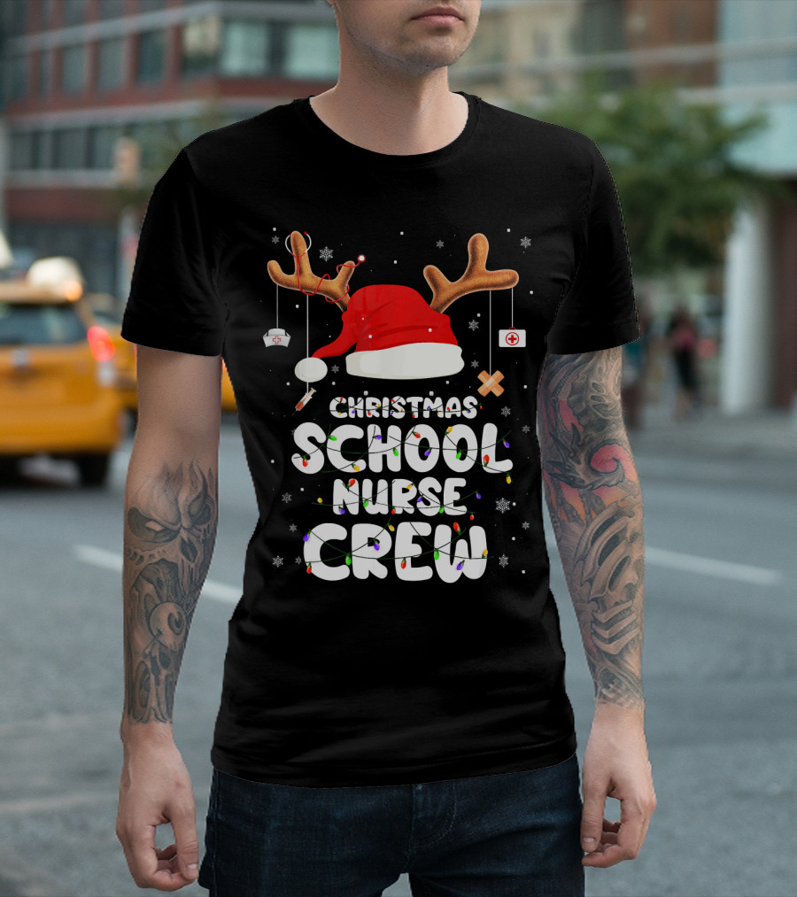 Christmas School Nurse Crew Santa Hat Antlers and Medical Icons T-Shirt
