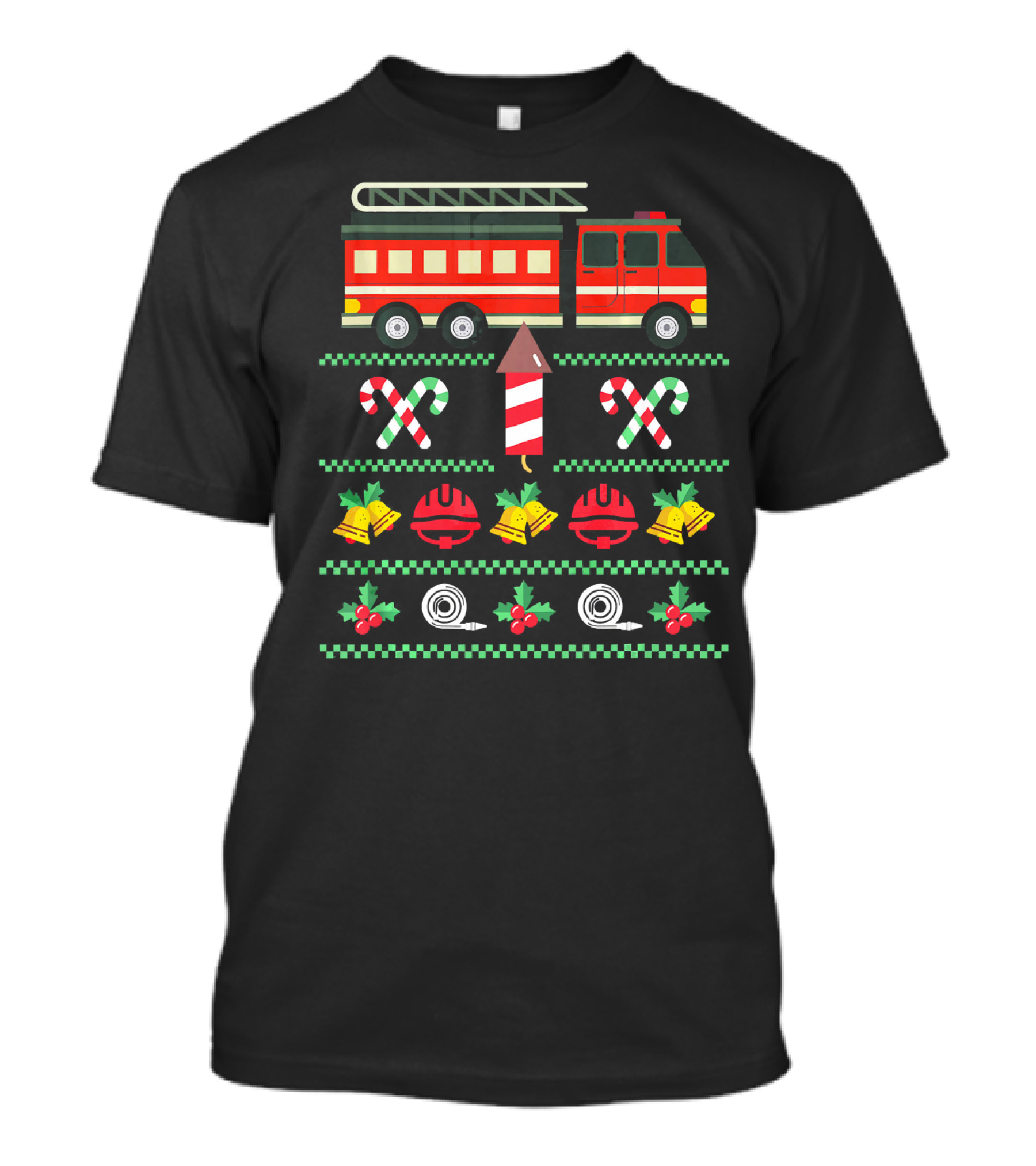 Christmas Firefighter Firetruck Candy Cane Bells T-Shirt
