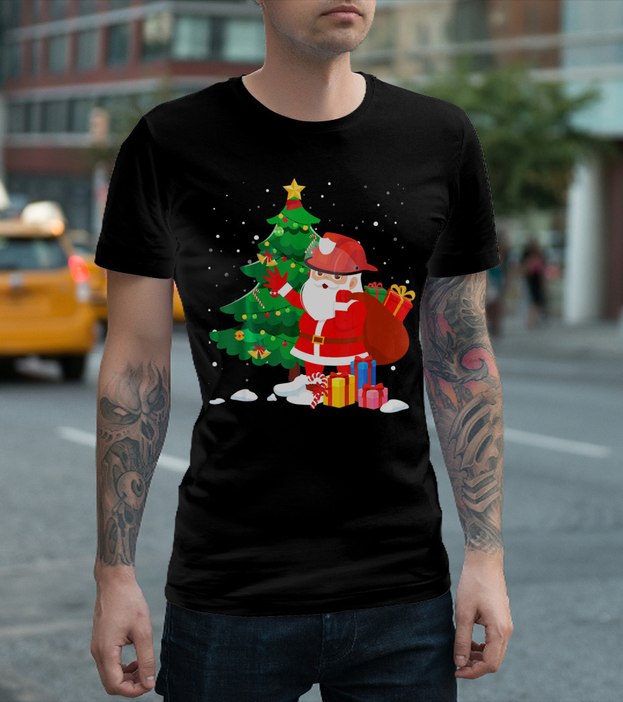 Christmas Firefighter Santa with Gifts by Christmas Tree T-Shirt