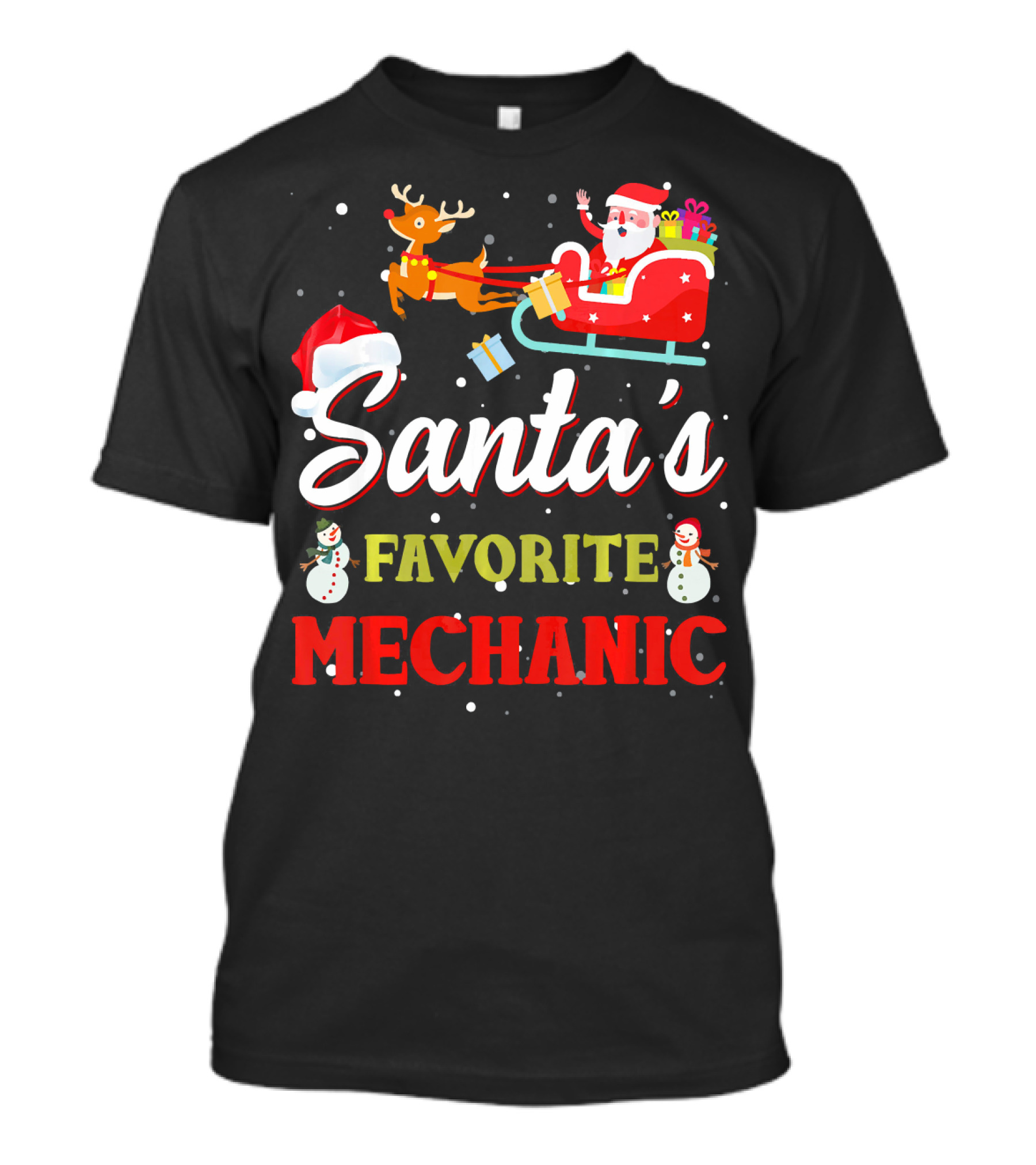 Santa's Favorite Mechanic With Sleigh And Snowmen Christmas Scene T-Shirt