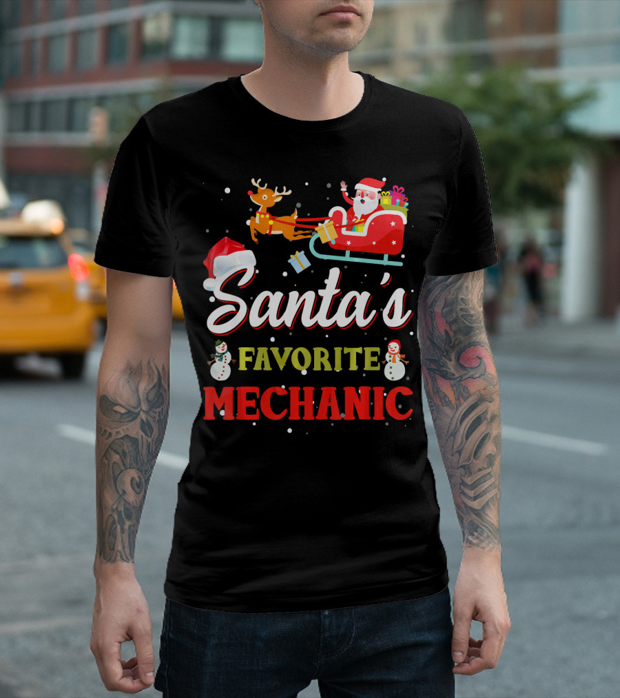 Santa's Favorite Mechanic With Sleigh And Snowmen Christmas Scene T-Shirt