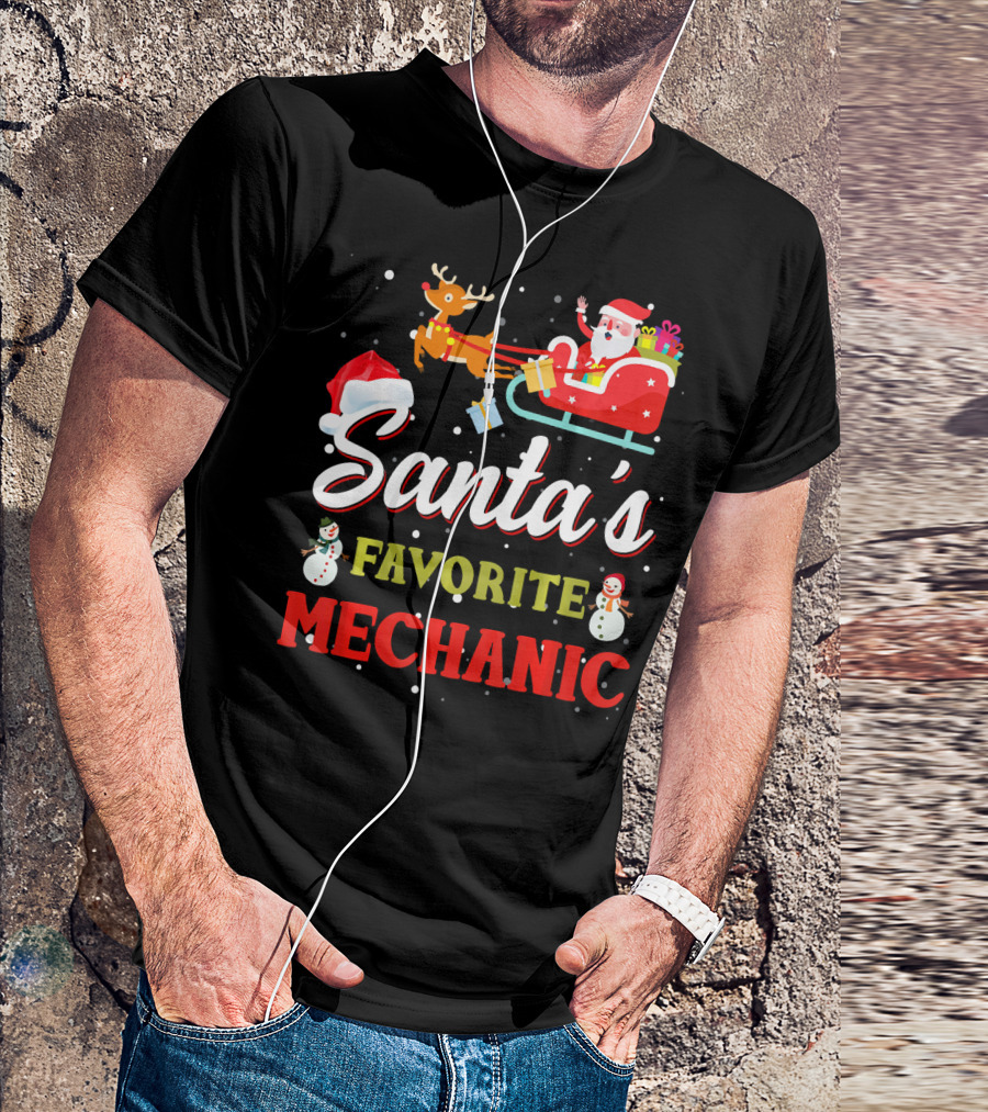 Santa's Favorite Mechanic With Sleigh And Snowmen Christmas Scene T-Shirt