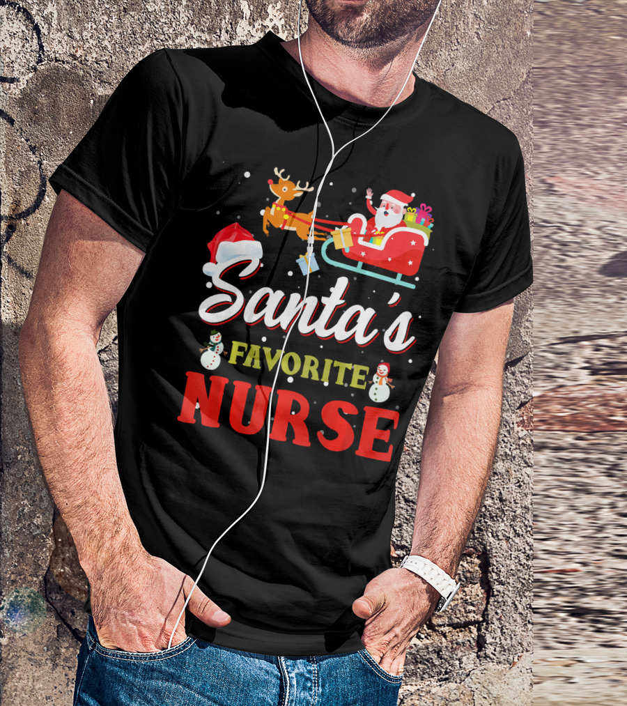 Santa's Favorite Nurse Christmas Santa Sleigh Reindeer Snowman T-Shirt