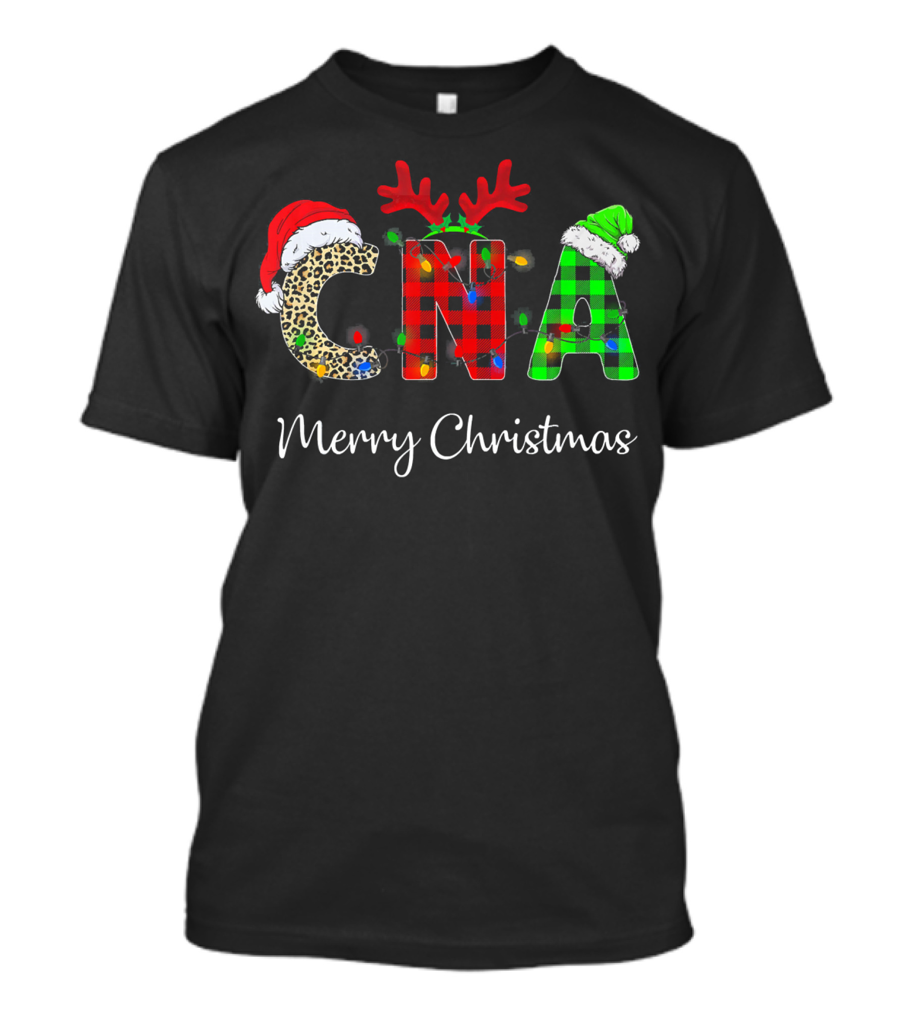 CNA Nurse Merry Christmas Santa Hat Reindeer Antlers Holiday Lights T-Shirt
