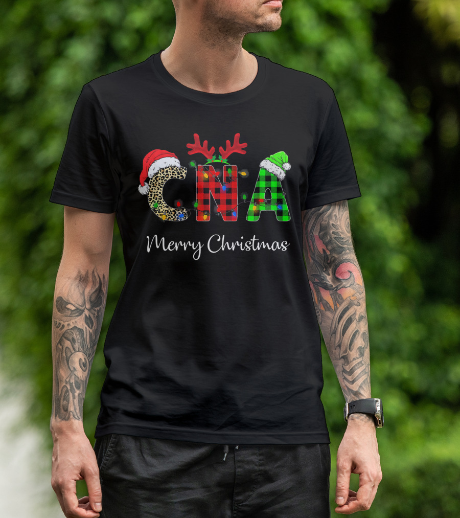 CNA Nurse Merry Christmas Santa Hat Reindeer Antlers Holiday Lights T-Shirt
