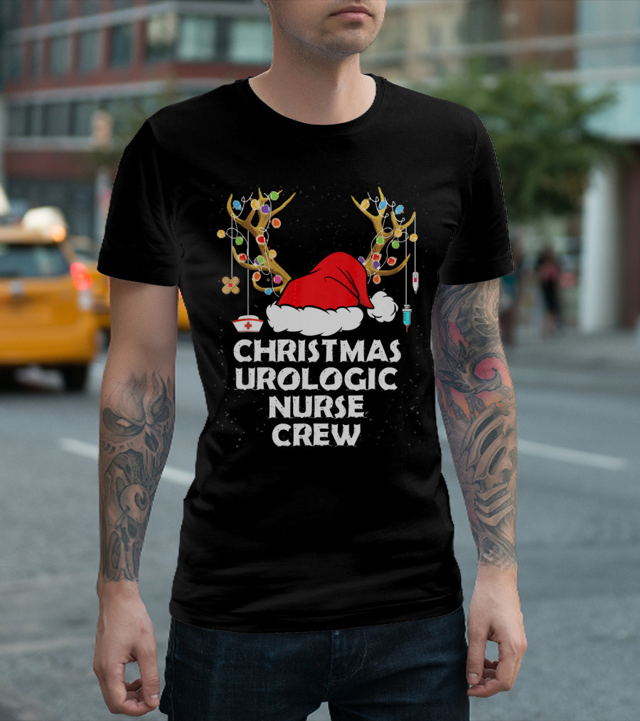 Christmas Urologic Nurse Crew Santa Hat Reindeer Lights T-Shirt