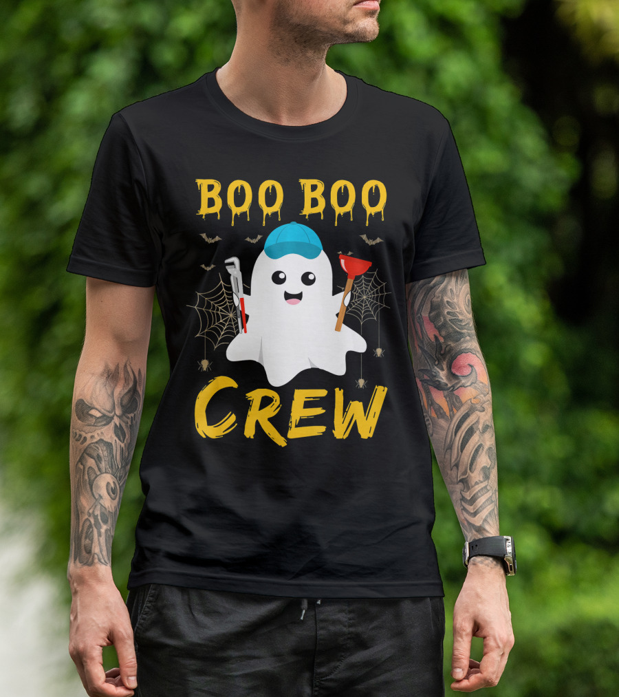 Boo Boo Crew Ghost Plumber Halloween Tri Bat Spiderweb Wrench Plunger T-Shirt