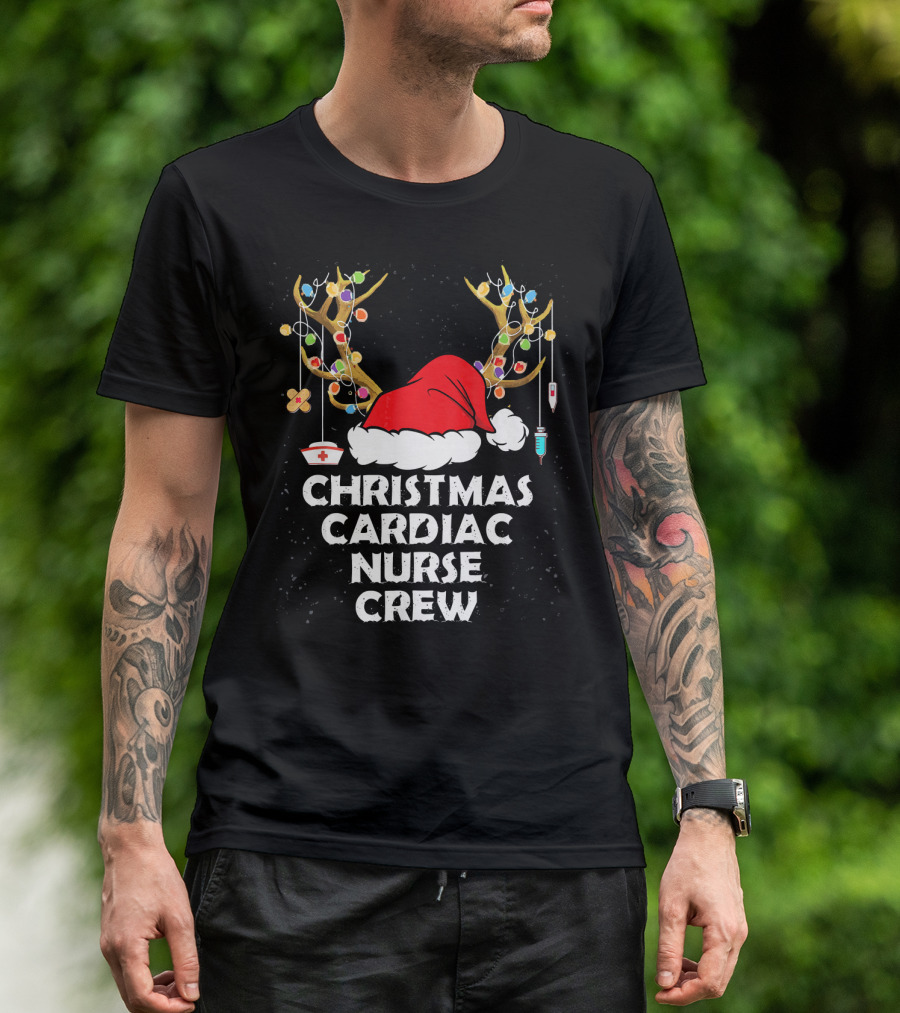 Christmas Cardiac Nurse Crew Santa Hat Antlers Nurse Cap IV Ornaments T-Shirt