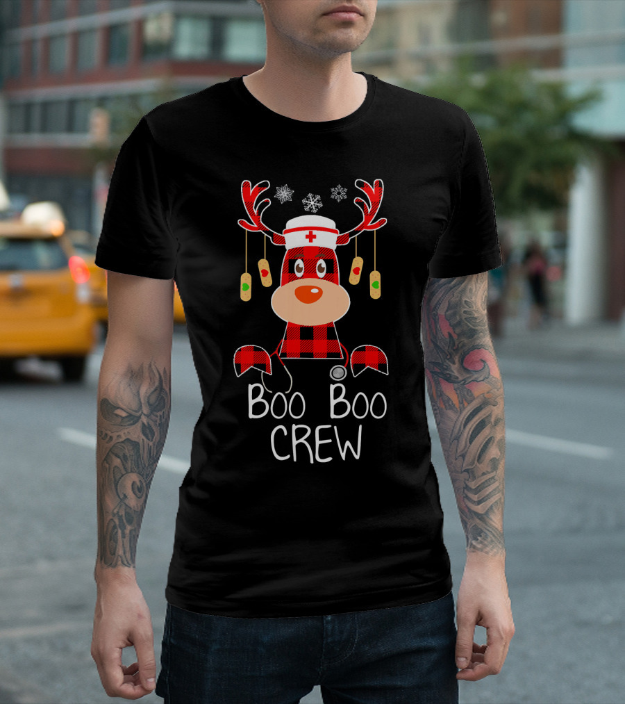 Boo Boo Crew Nurse Xmas Funny Cute Reindeer Stethoscope Antler Snowflakes Bandages T-Shirt