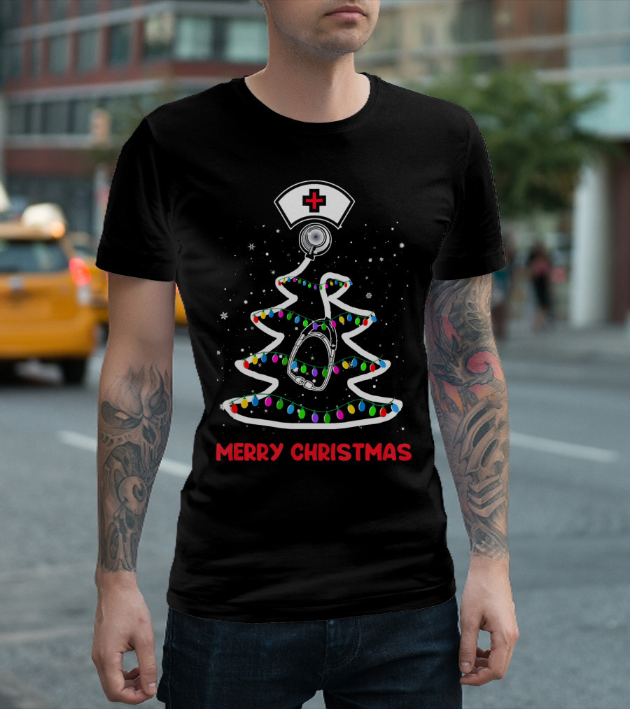 Merry Christmas Nurse Love Stethoscope Tree T-Shirt