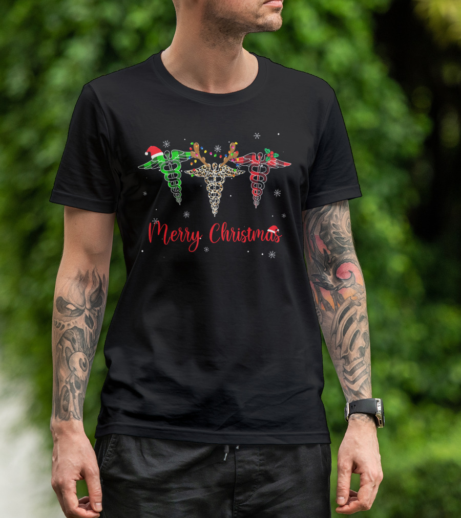 Merry Christmas Buffalo Plaid Nurse Holiday Caduceus T-Shirt