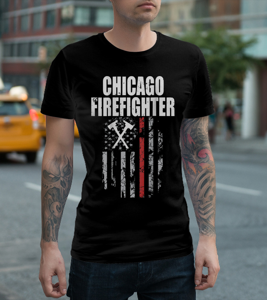 Chicago Firefighter Flag with Crossed Axes and Thin Red Line T-Shirt