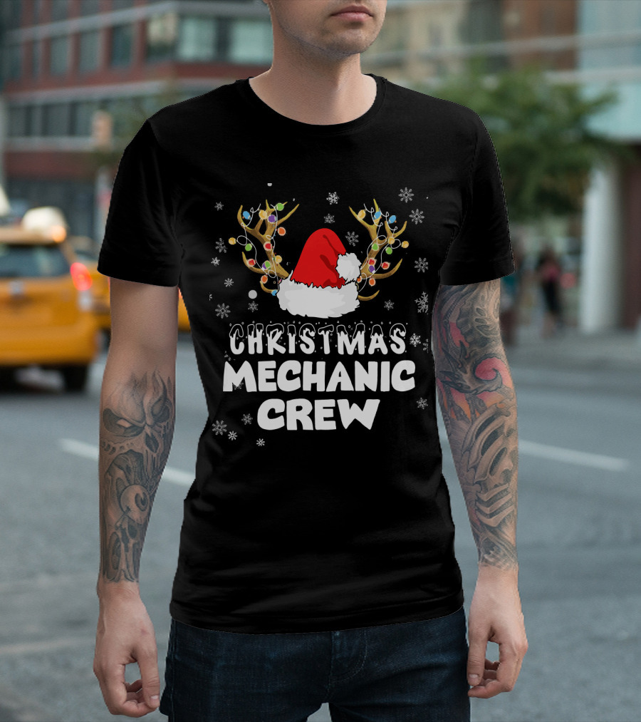 Christmas Mechanic Crew Santa Hat Reindeer Antlers T-Shirt